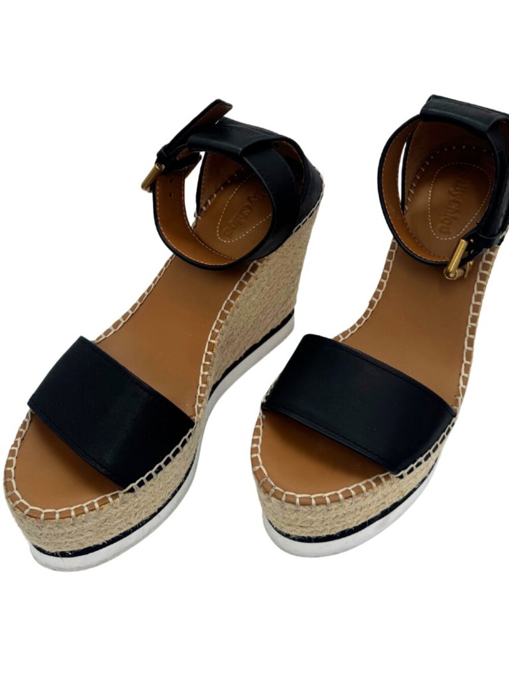 See by Chloe Black Leather 'Glyn' Espadrille Wedge Platform Sandals
